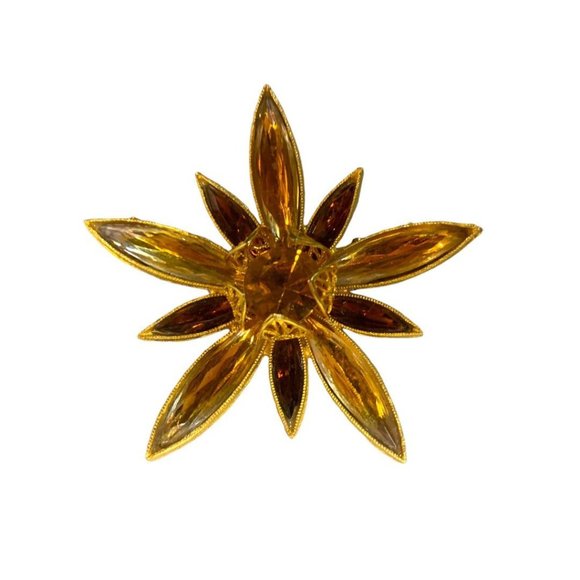 Vintage Goldtone Star Flower Brooch Amber Glass 2" Diameter Pin Retro - Picture 7 of 7
